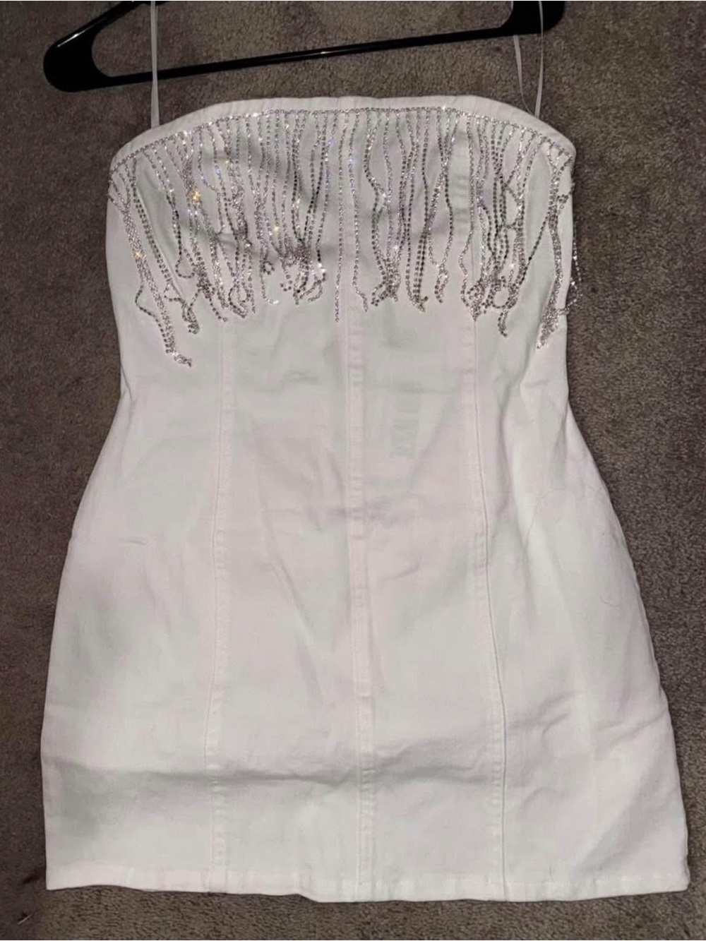 White Strapless Mini Dress with Silver Sequin Fringe